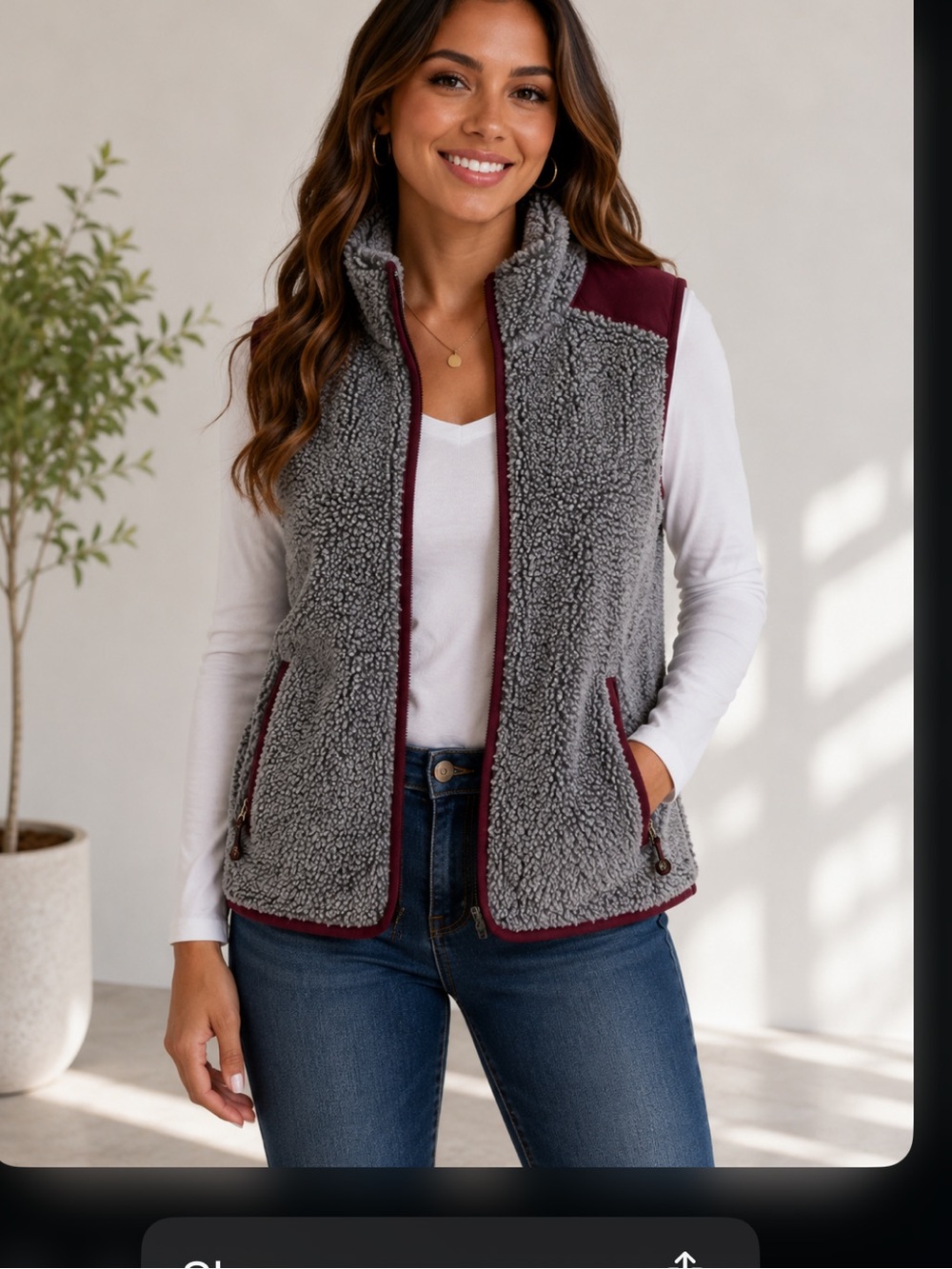 Brooks Brothers Gray Sherpa Vest with Maroon Trim Accents